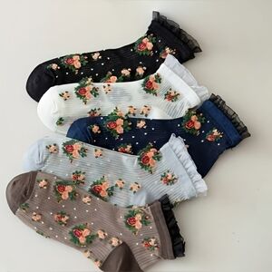 Sheer Floral Ankle Socks with Ruffles - 5 Pairs NWOT Cottagecore Kawaii OS